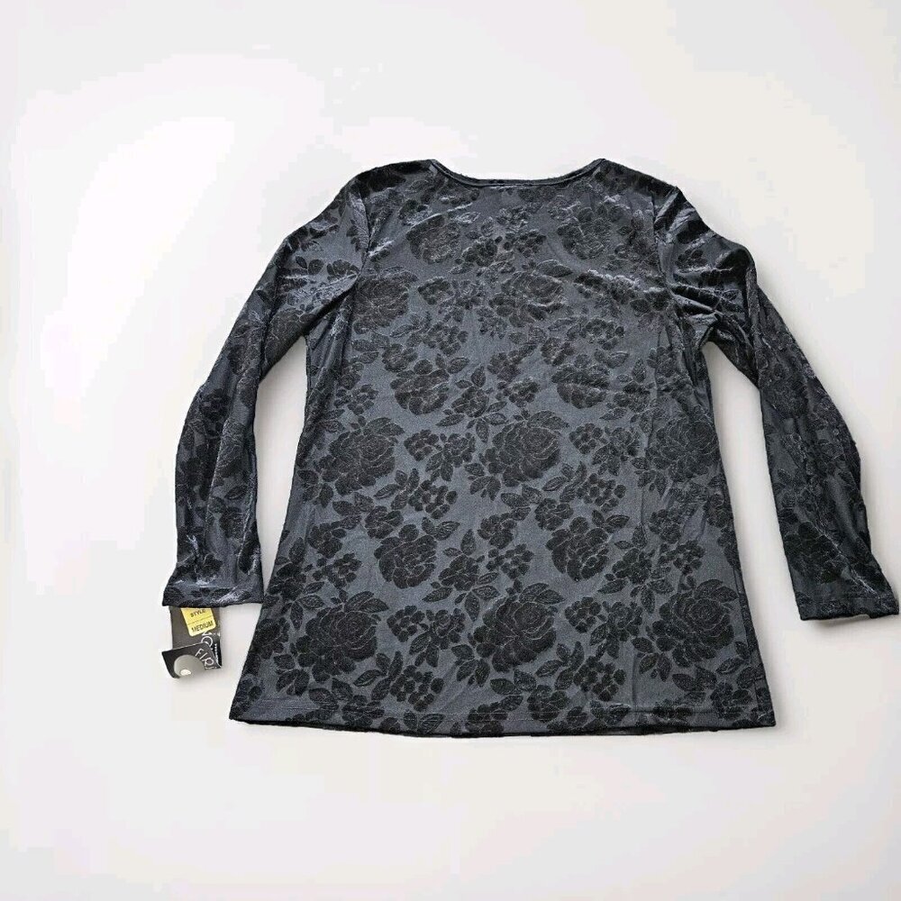 First Option Top M Women Black LS Round Neck Floral Burn Out Velvet Goth Y2K VTG - Picture 2 of 14